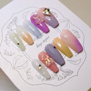 Bear decal heart diamond nail, acrylic and press on nails, fake nails